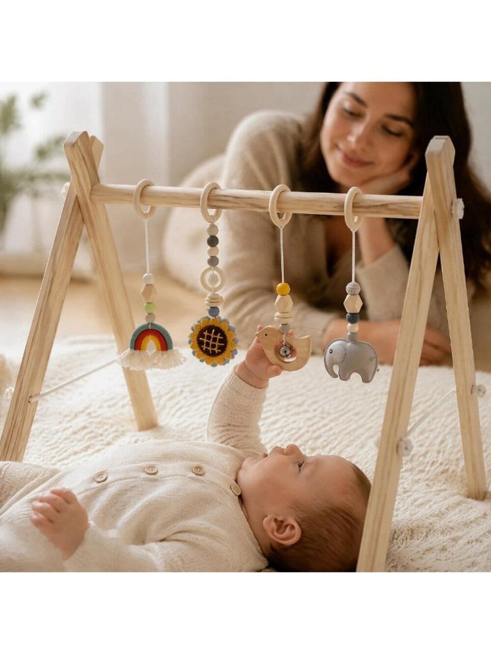 Natural Wooden Baby Gym with 4 Handmade Toys, Non-Toxic Play Center for Infants